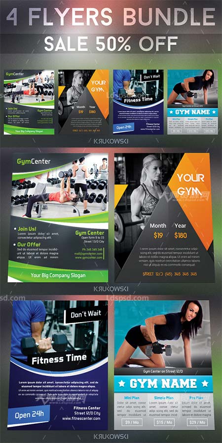 Gym Fitness Flyers Bundle,产品推广传单模板(4个/健身类)